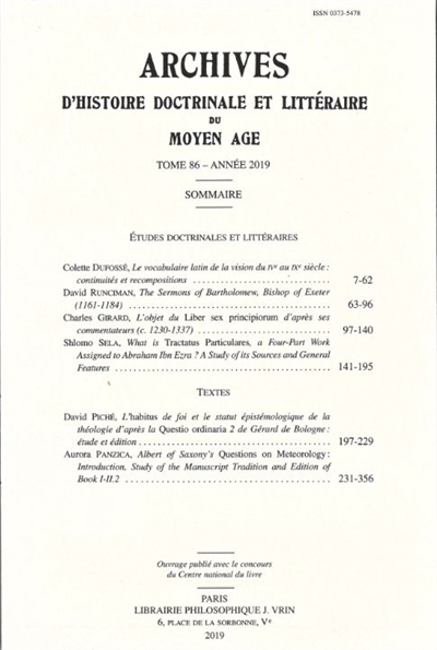 Archives d'histoire doctrinale et littéraire du Moyen Age, n° 86 | 