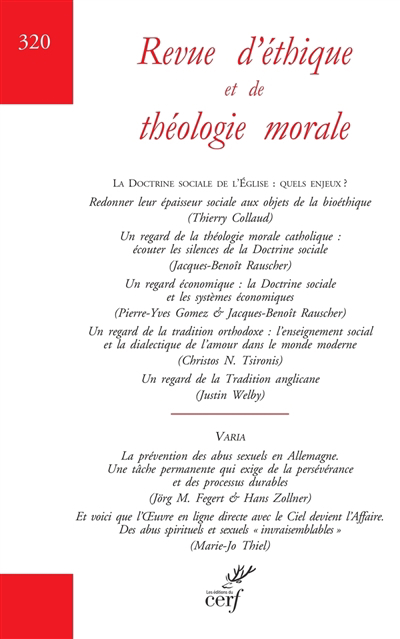 Revue d'éthique et de théologie morale n°320 - La doctrine sociale de l'Eglise : quels enjeux ? | 