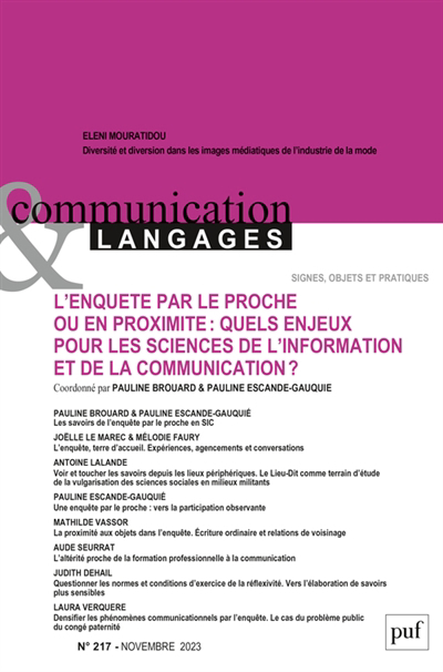 Communication & langages, n°217. L'enquête par le proche ou en proximité : quels enjeux pour les sciences de l'information et de la communication ? | 