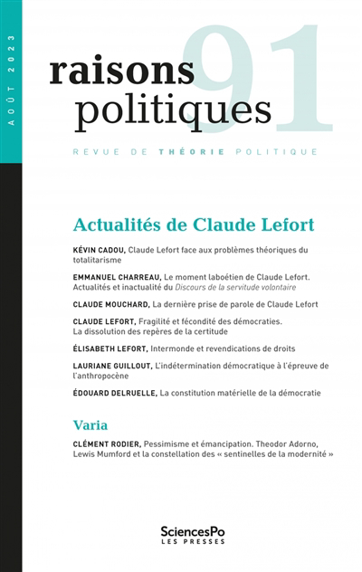 Raisons politiques n°91 - Actualités de Claude Lefort | 