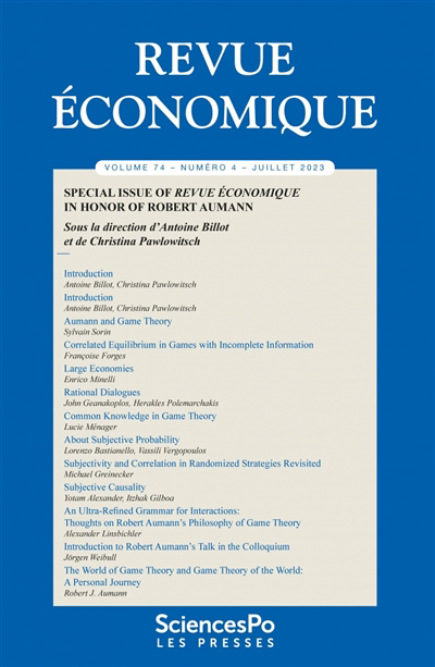 Revue économique n°74-4 - Special issue of Revue économique in honour of Robert Aumann | 