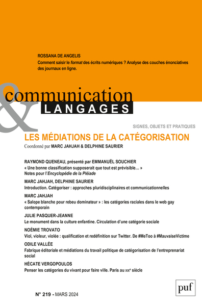 Communication & langages, n°219. Les médiations de la catégorisation | 