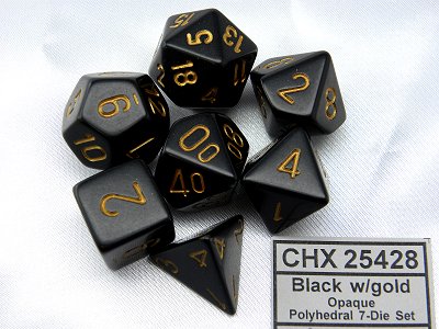 Ensemble de 7 dés polyédriques opaques noir avec chiffres dorés | Jeux de cartes et de dés classiques